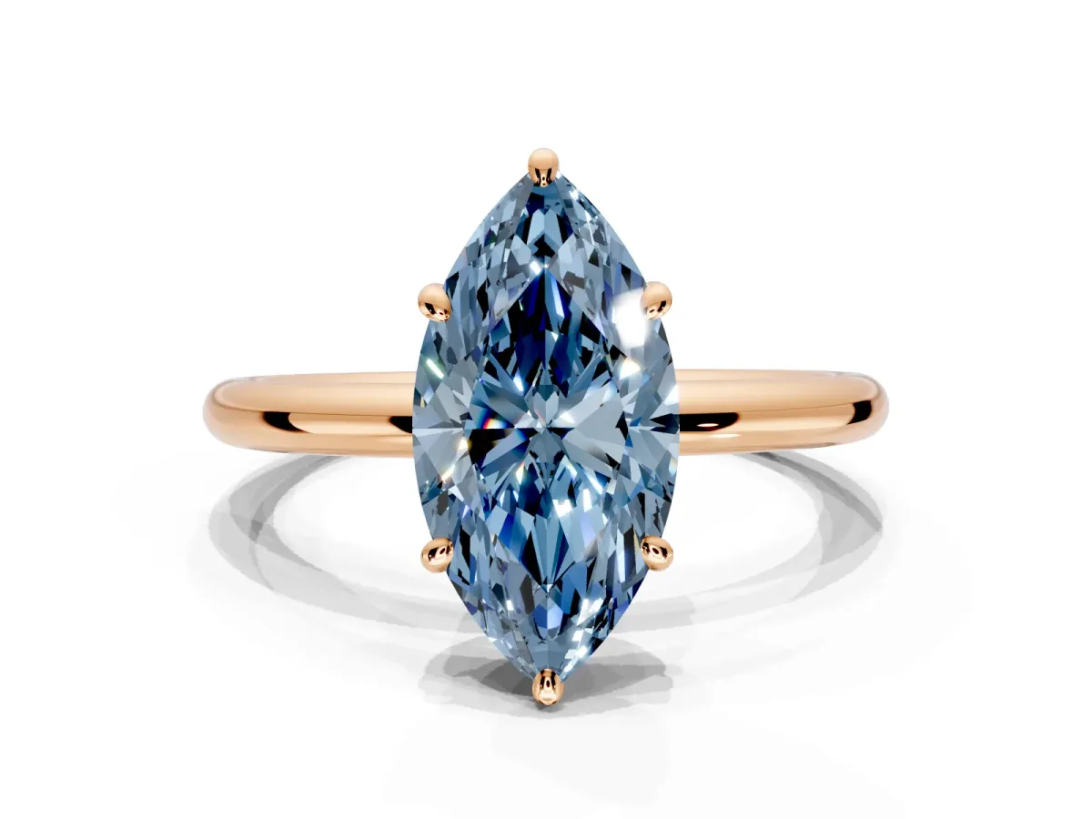 Low-Set Solitaire Engagement Ring Setting for Fancy Blue Marquise Center with Thin Plain Band and Prong Head in Rose Gold
