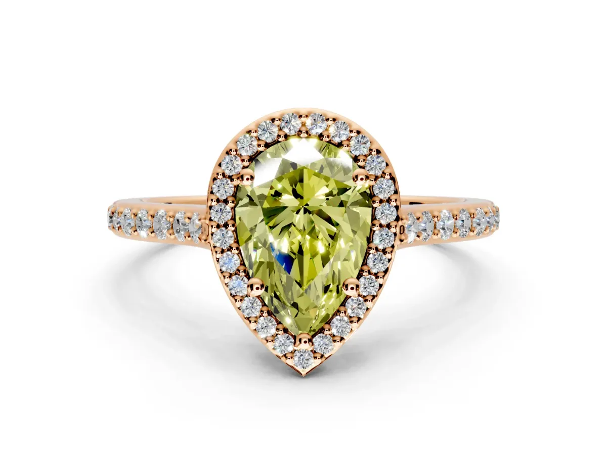 Halo Engagement Ring Setting for Fancy Yellow Pear-Shaped Center with Pave Accents, Heart Basket and Prong Head in Rose Gold
