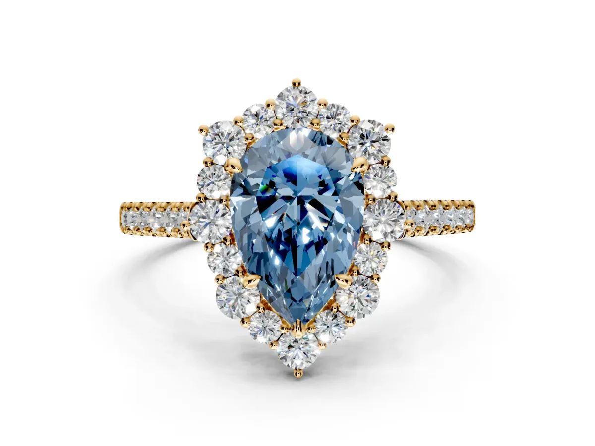 Halo Engagement Ring Setting for Fancy Blue Pear-Shaped Center with Single-Row Pave, Open Basket and Prong Head in Yellow Gold