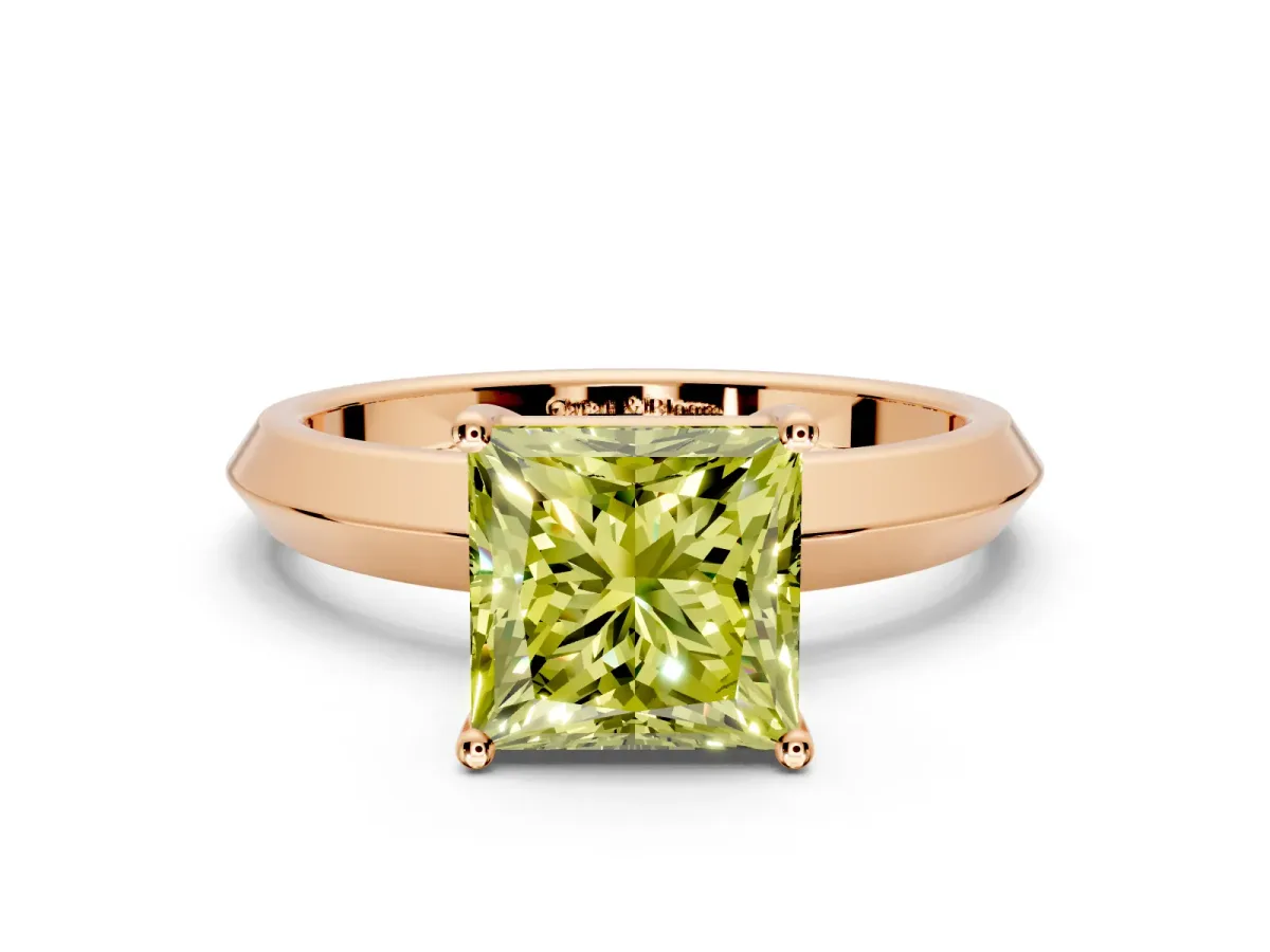 Solitaire Engagement Ring Setting for Fancy Yellow Princess Cut Center with Wide Knife Ridge Band and Prong Head in Rose Gold