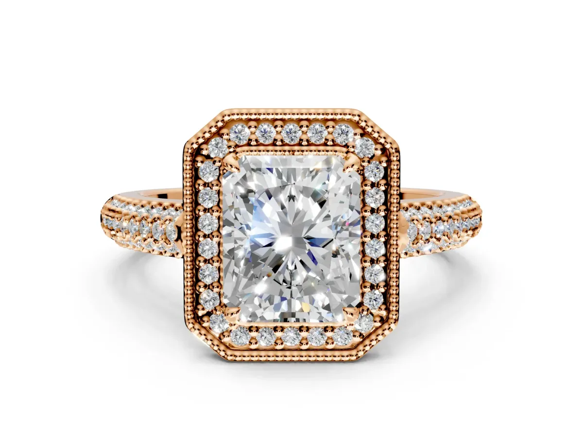Milgrain Halo Engagement Ring Setting for Radiant Cut Center with Three-Sided Pave Band and Prong Head in Rose Gold