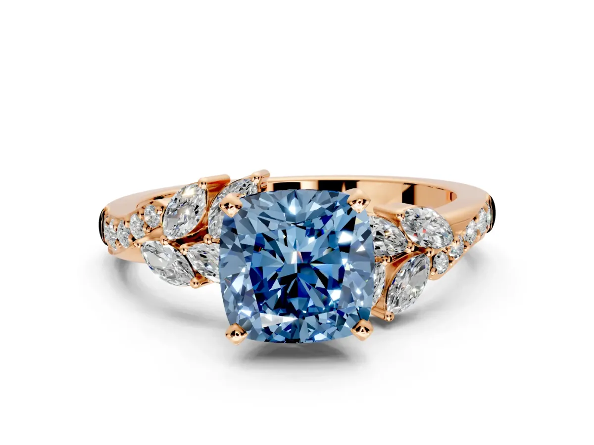 Solitaire Engagement Ring Setting for Fancy Blue Cushion Cut Center with Marquise Accent Twist Band and Prong Head in Rose Gold