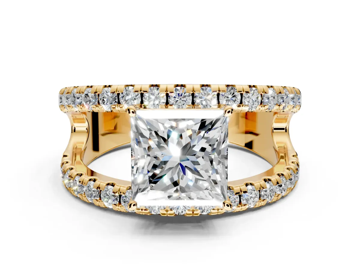 Solitaire Engagement Ring Setting for Princess Cut Center with Wide-Open Split Shank and Prong Head in Yellow Gold