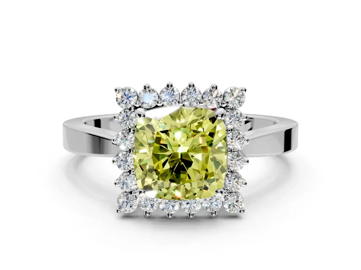 Starburst Halo Engagement Ring Setting for Fancy Yellow Cushion Cut Center with Flat Cathedral Band and Prong Head in Sterling Silver