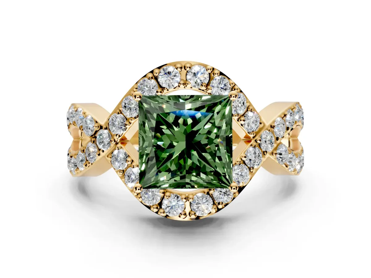Halo Engagement Ring Setting for Fancy Green Princess Cut Center with Pave Infinity Twist Band and Prong Head in Yellow Gold