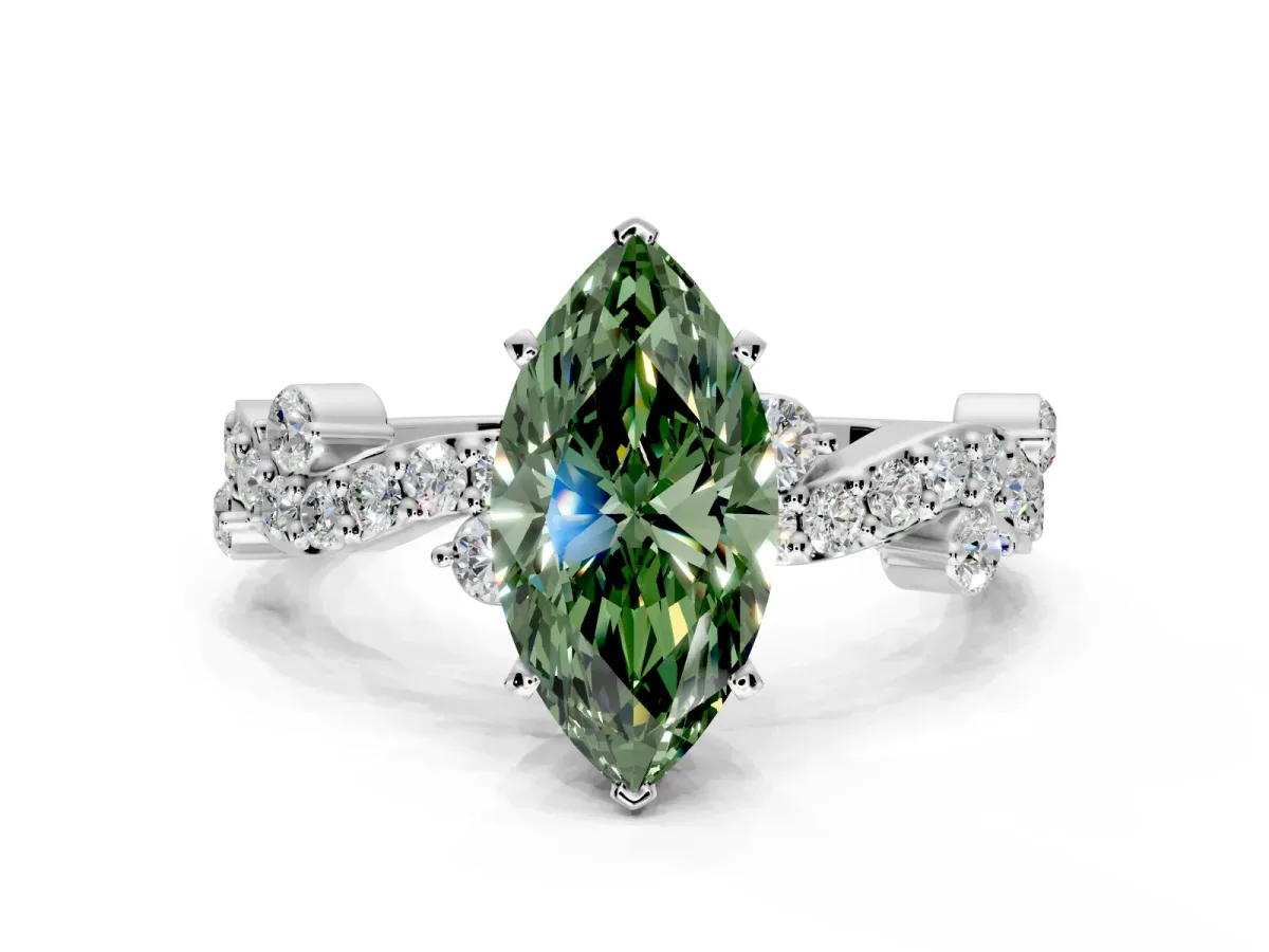Solitaire Engagement Ring Setting for Fancy Green Marquise Center with Bar-Station Pave Twist and Prong Head in Sterling Silver