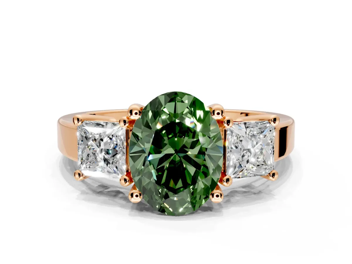 3 Stone Engagement Ring Setting for Fancy Green Oval Center with Matching Side Accents and Prong Head in Rose Gold