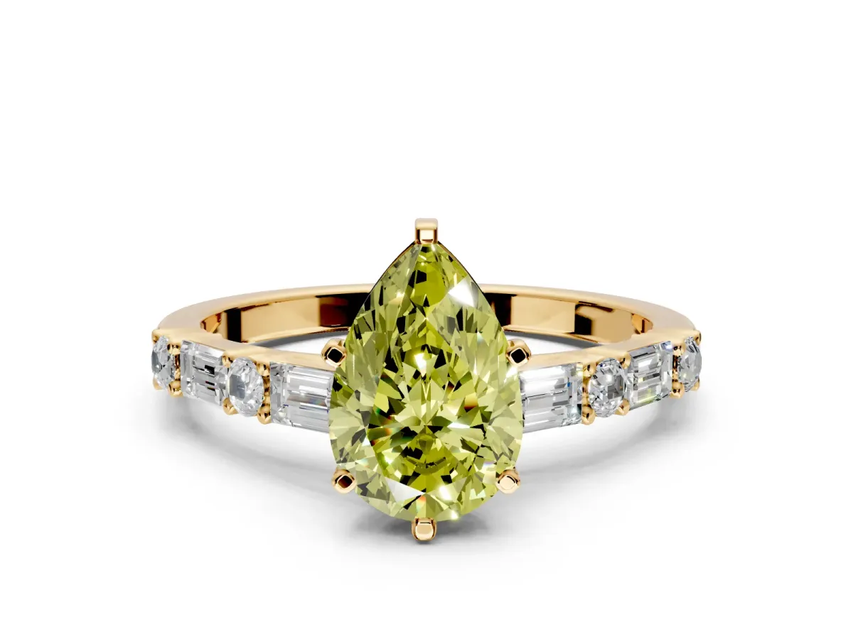 Baguette Engagement Ring Setting for Fancy Yellow Pear-Shaped Center with Alternating Bar-Set Band and Prong Head in Yellow Gold