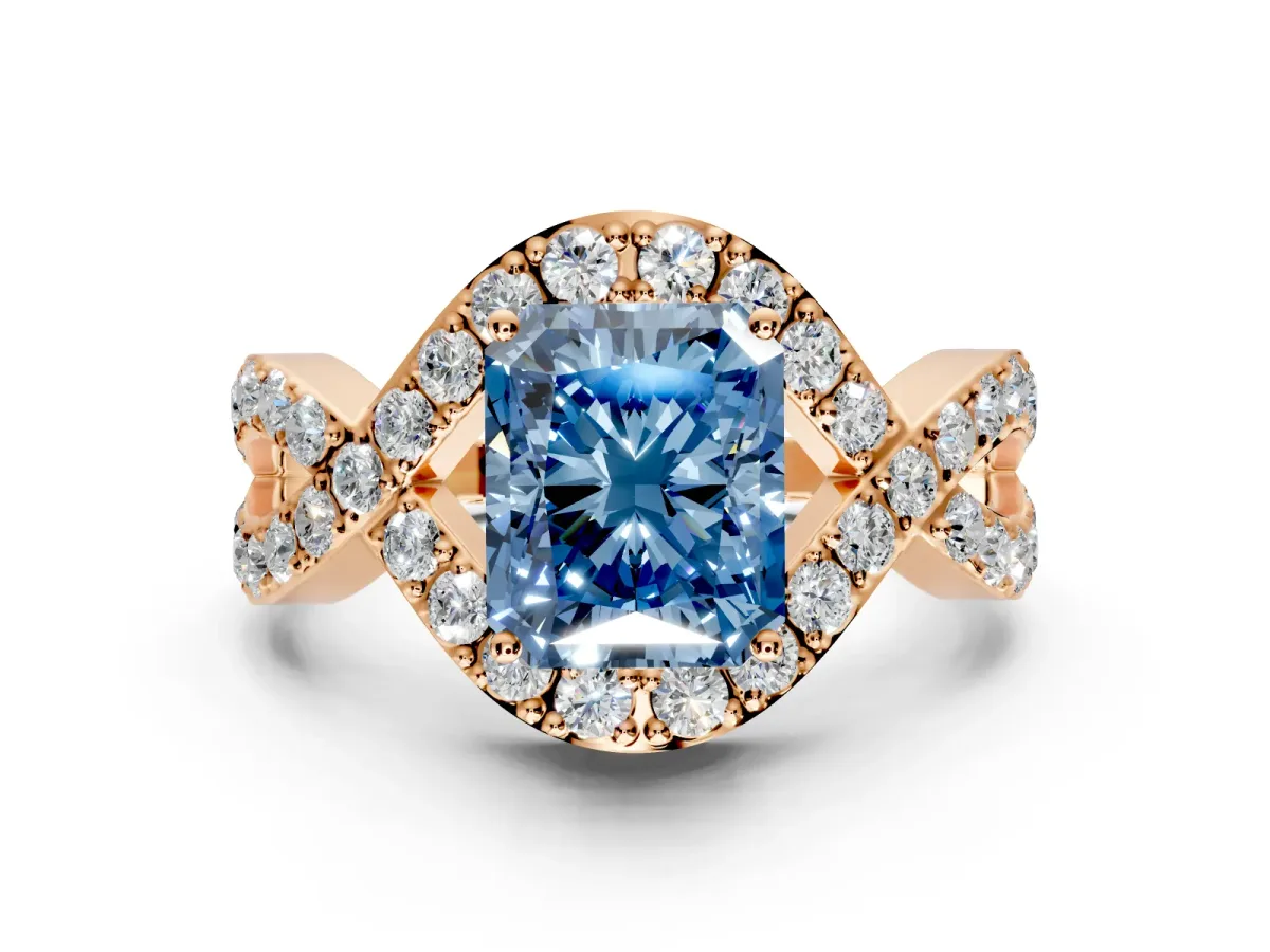 Halo Engagement Ring Setting for Fancy Blue Radiant Cut Center with Pave Infinity Twist Band and Prong Head in Rose Gold