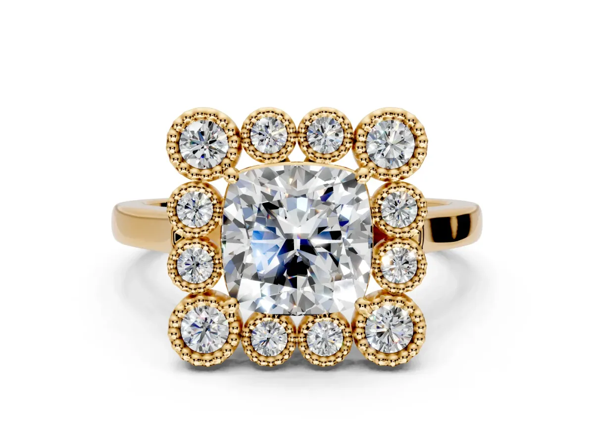 Cluster Halo Engagement Ring Setting for Cushion Cut Center with Milgrain Bezel Accents and Prong Head in Yellow Gold