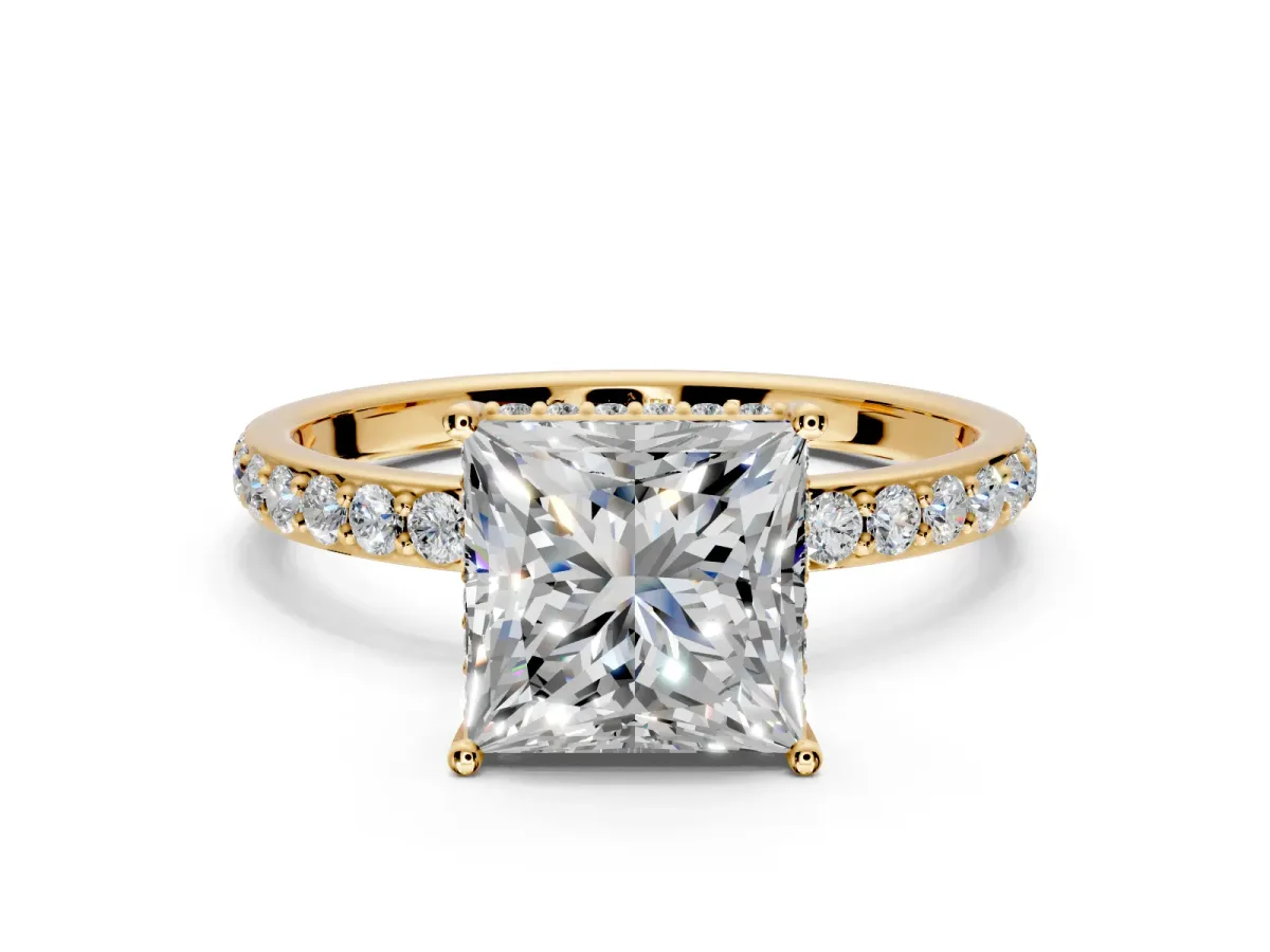 Hidden Halo Engagement Ring Setting for Princess Cut Center with Pave Band and Prong Head in Yellow Gold