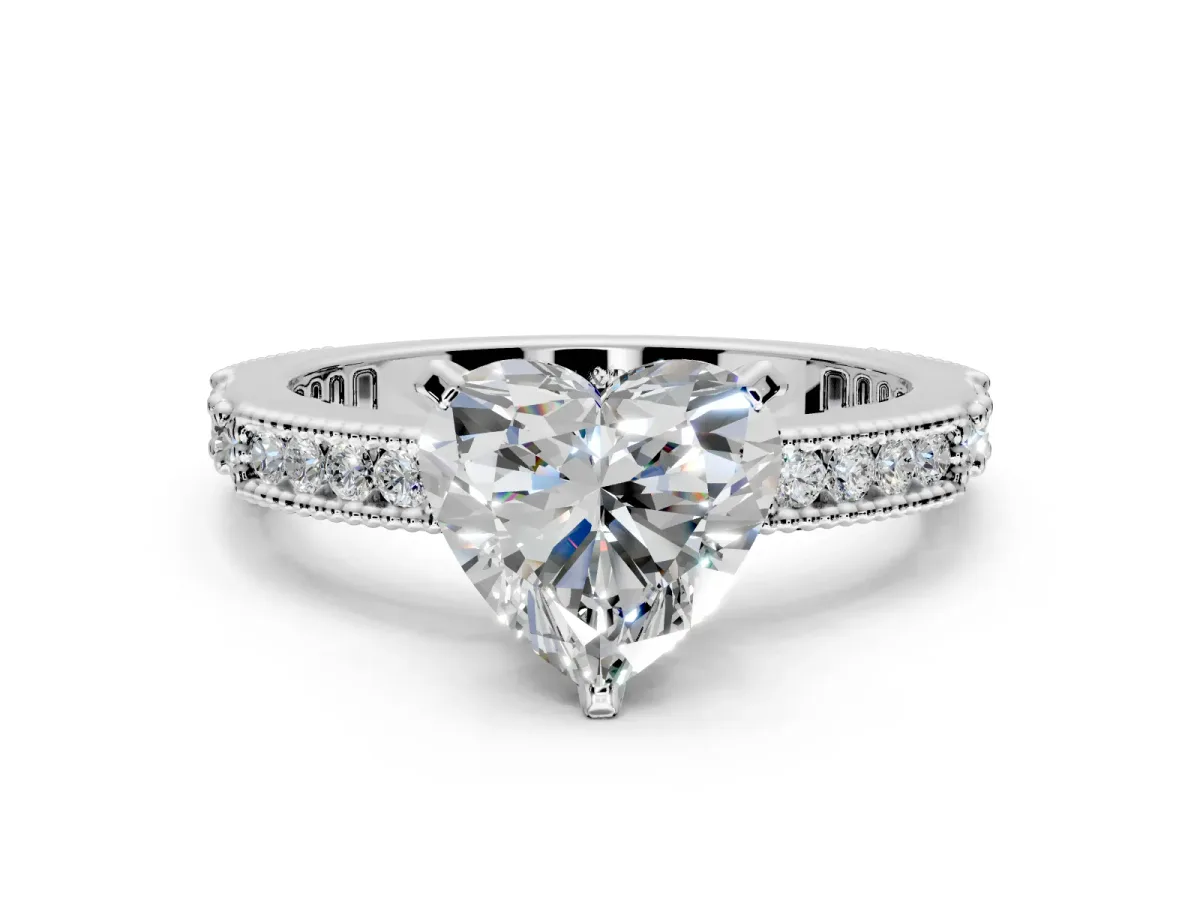 Solitaire Engagement Ring Setting for Heart-Shaped Center with Milgrain-Edged Pave Band and Prong Head in Platinum