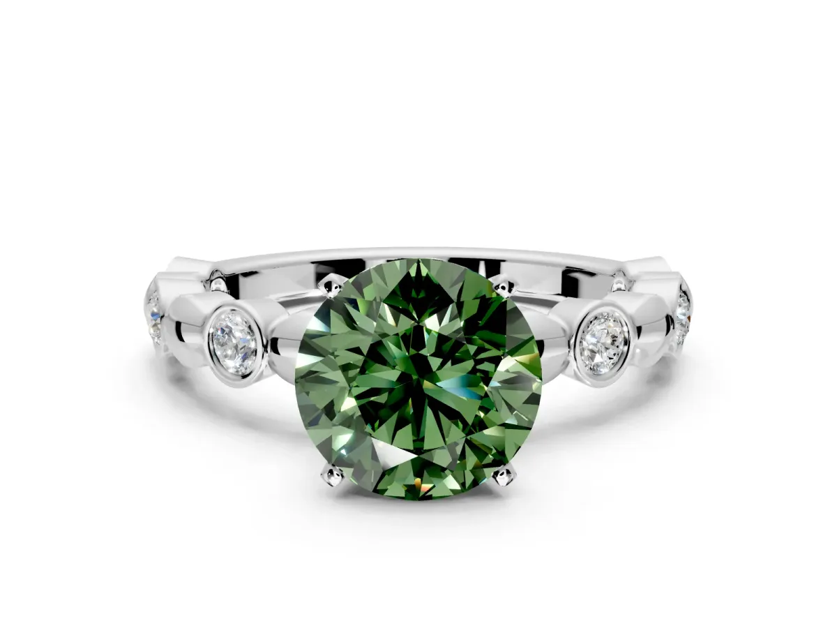 Solitaire Engagement Ring Setting for Fancy Green Round Cut Center with Beaded Bezel Station Band and Prong Head in Sterling Silver