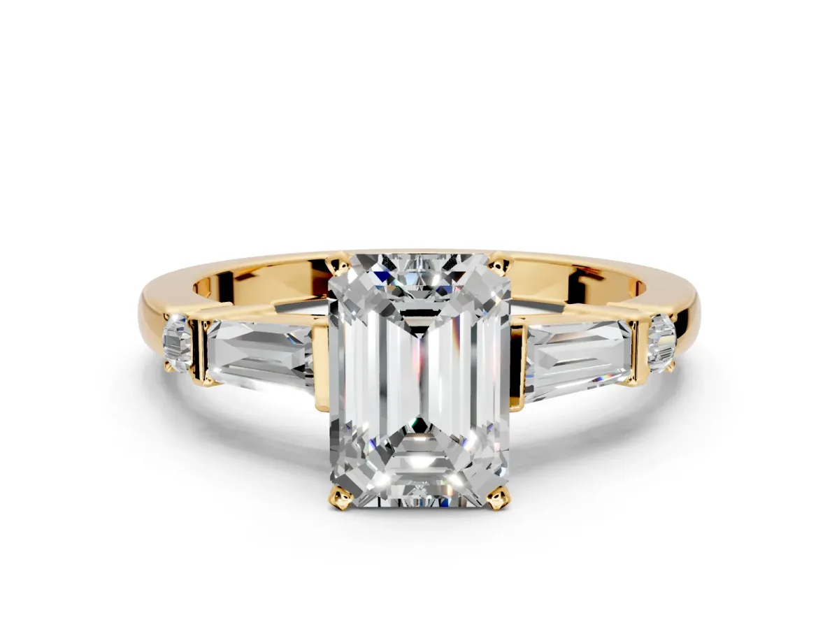 Bar-Set Engagement Ring Setting for Emerald Cut Center with Tapered Baguette Accents and Prong Head in Yellow Gold