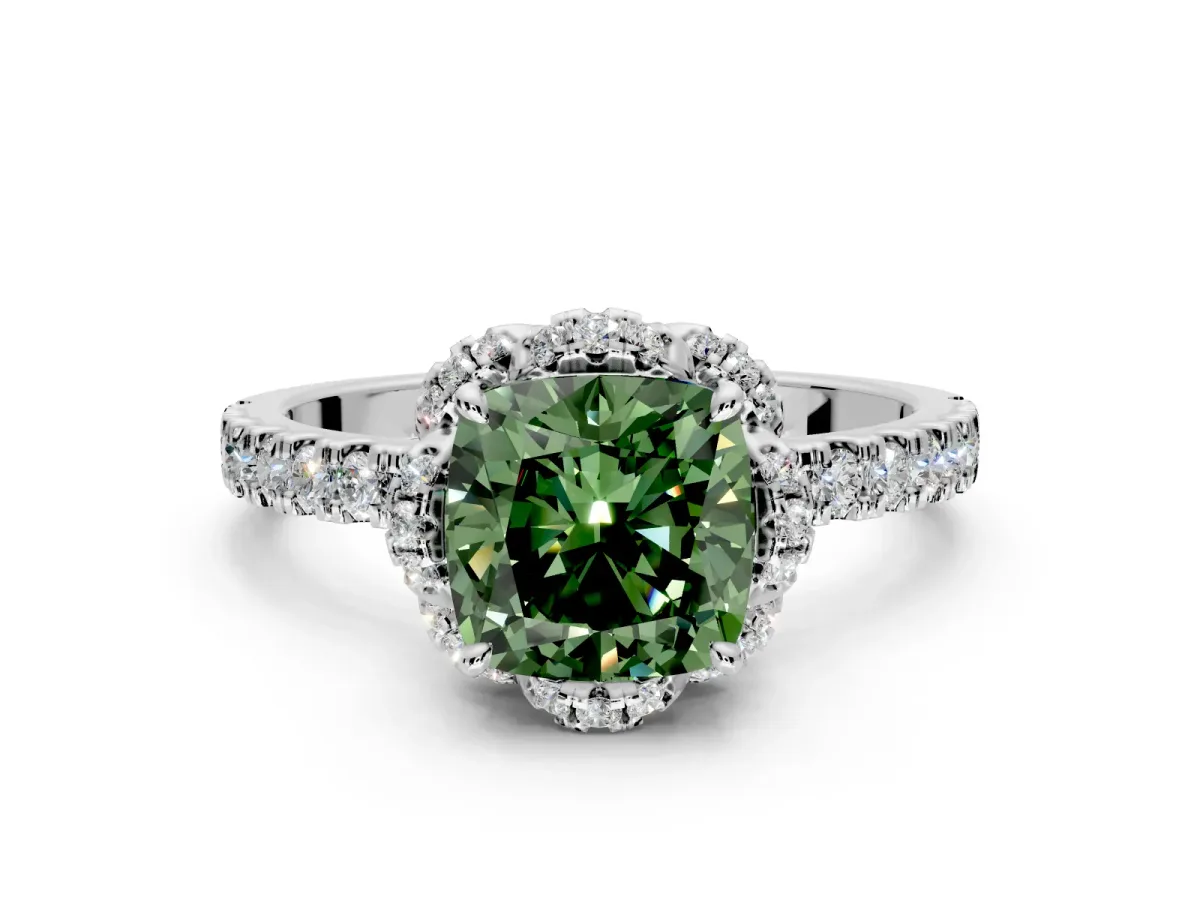 Halo Engagement Ring Setting for Fancy Green Cushion Cut Center with Openwork Halo, Pave Band and Prong Head in Platinum