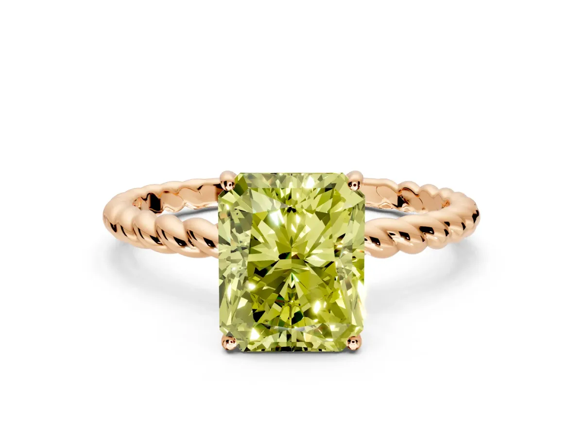 Solitaire Engagement Ring Setting for Fancy Yellow Radiant Cut Center with Plain Twisted Rope Band and Prong Head in Rose Gold