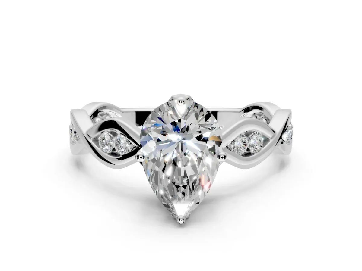 Solitaire Engagement Ring Setting for Pear-Shaped Center with Accented Twist Band and Leaf Prong Head in Sterling Silver