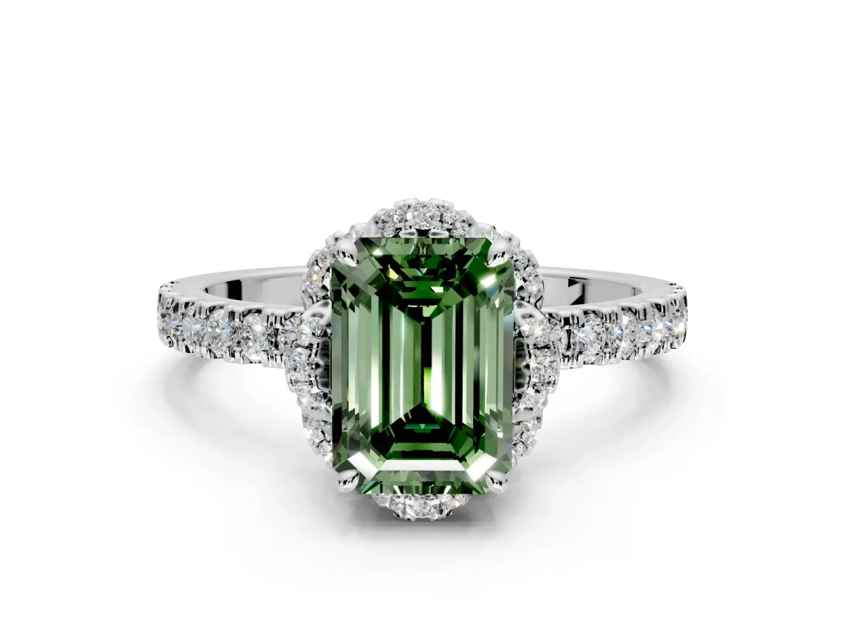 Halo Engagement Ring Setting for Fancy Green Emerald Cut Center with Openwork Halo, Pave Band and Prong Head in Sterling Silver
