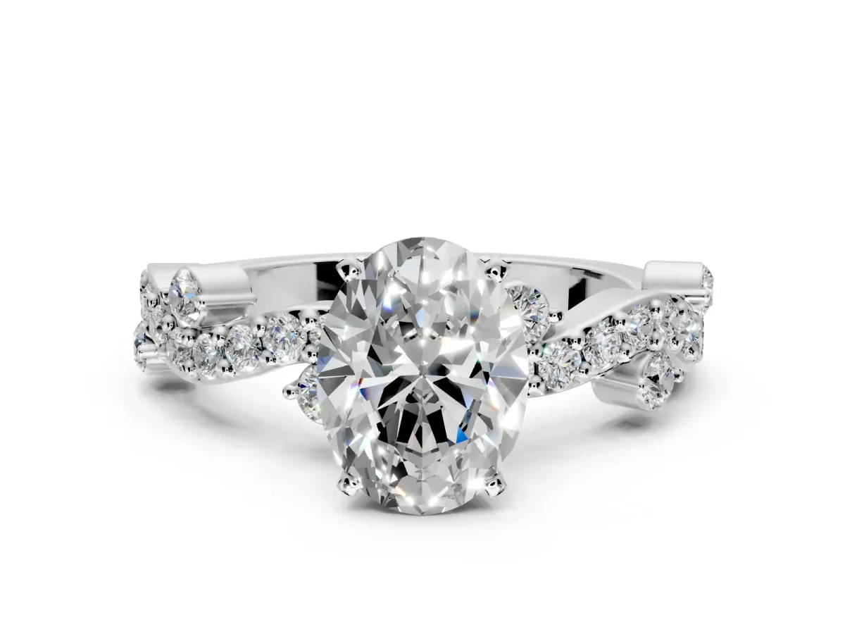 Solitaire Engagement Ring Setting for Oval Center with Bar-Station Pave Twist and Prong Head in Sterling Silver