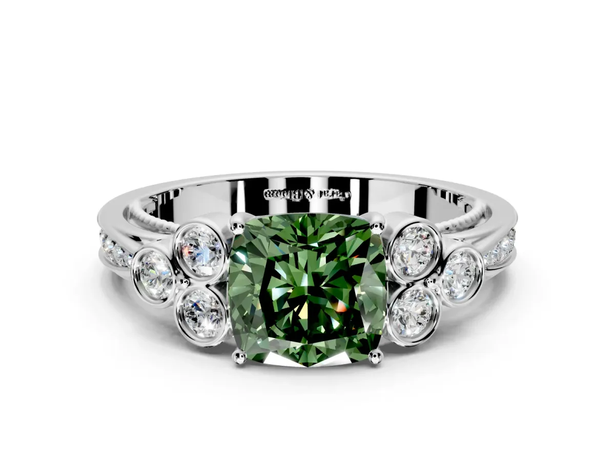 Cluster Engagement Ring Setting for Fancy Green Cushion Cut Center with Bezel Accent Clusters and Prong Head in White Gold