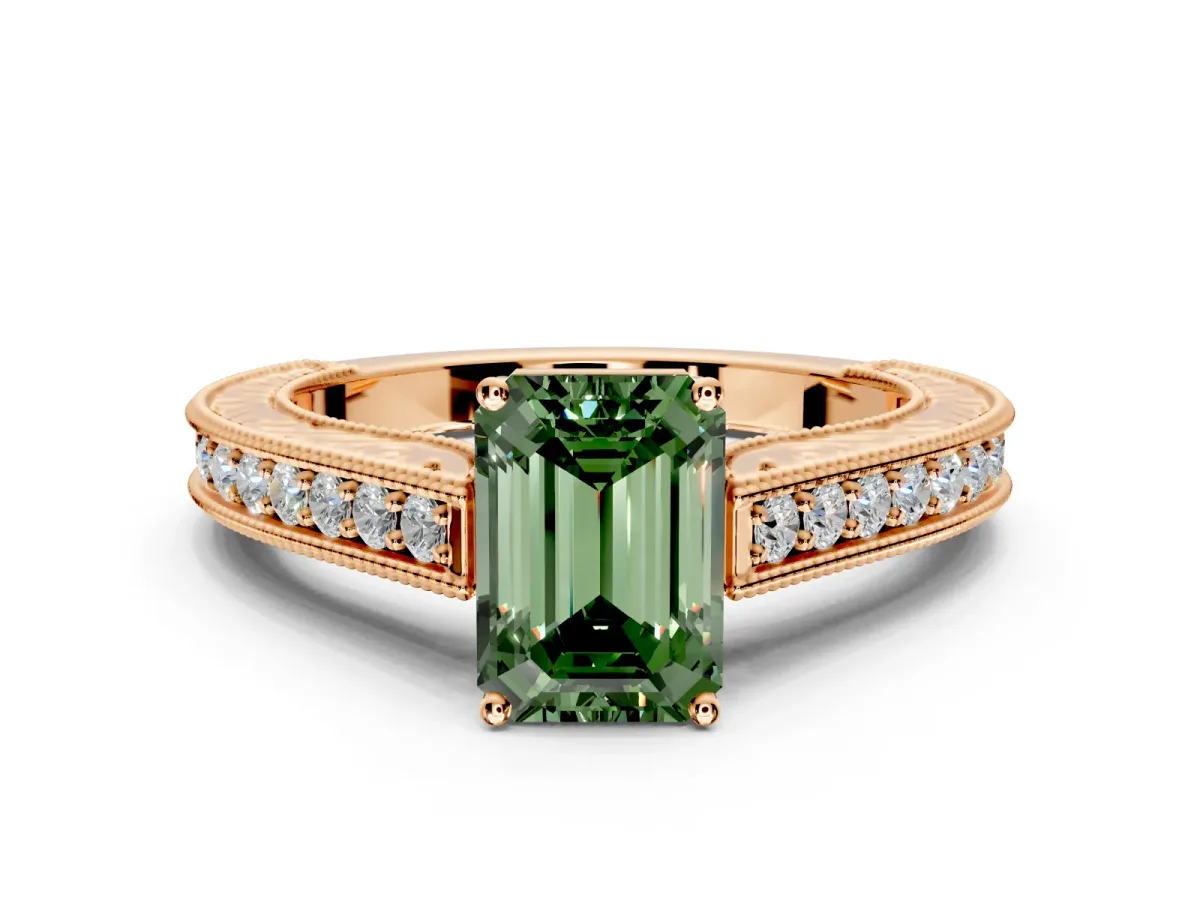 Solitaire Engagement Ring Setting for Fancy Green Emerald Cut Center with Engraved Pave Band and Prong Head in Rose Gold