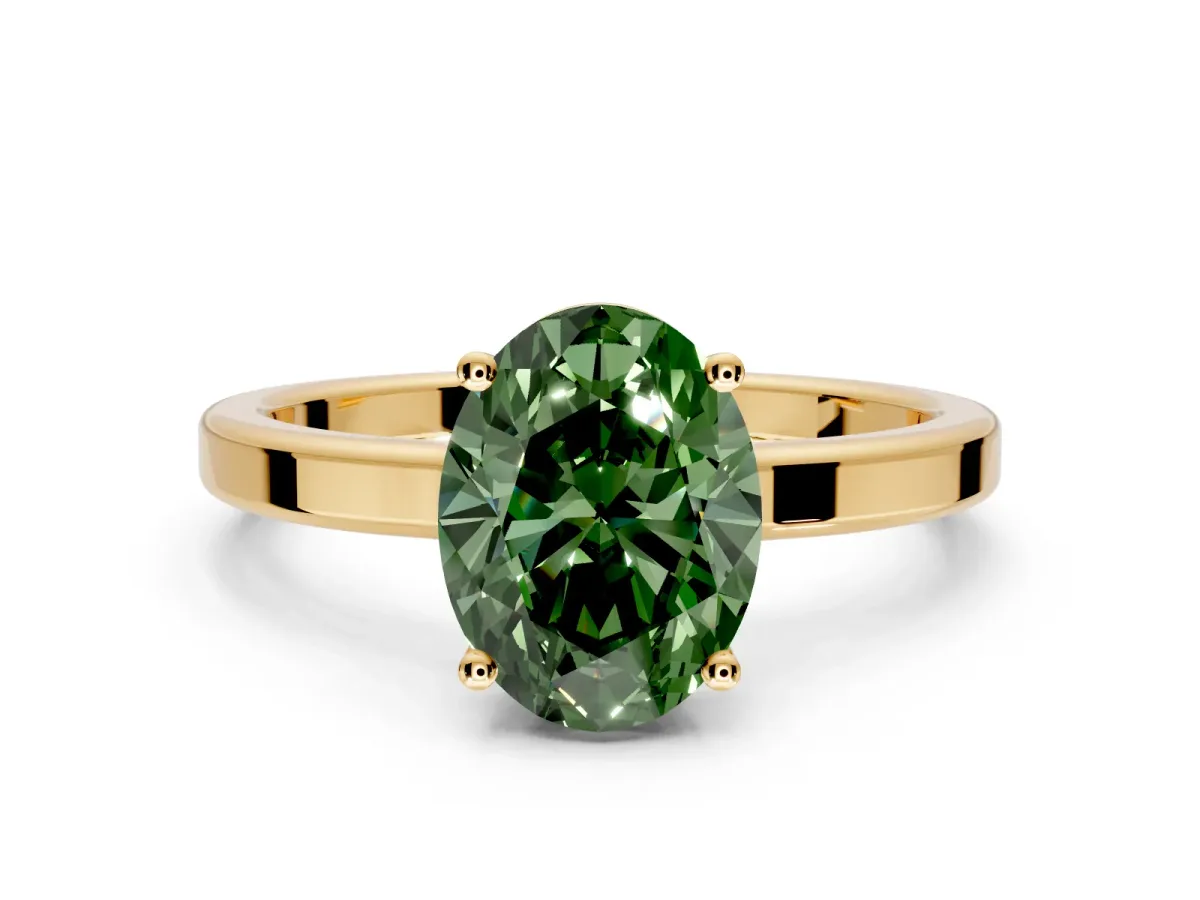 Hidden Halo Engagement Ring Setting for Fancy Green Oval Center with Wide Flat Plain Band and Prong Head in Yellow Gold