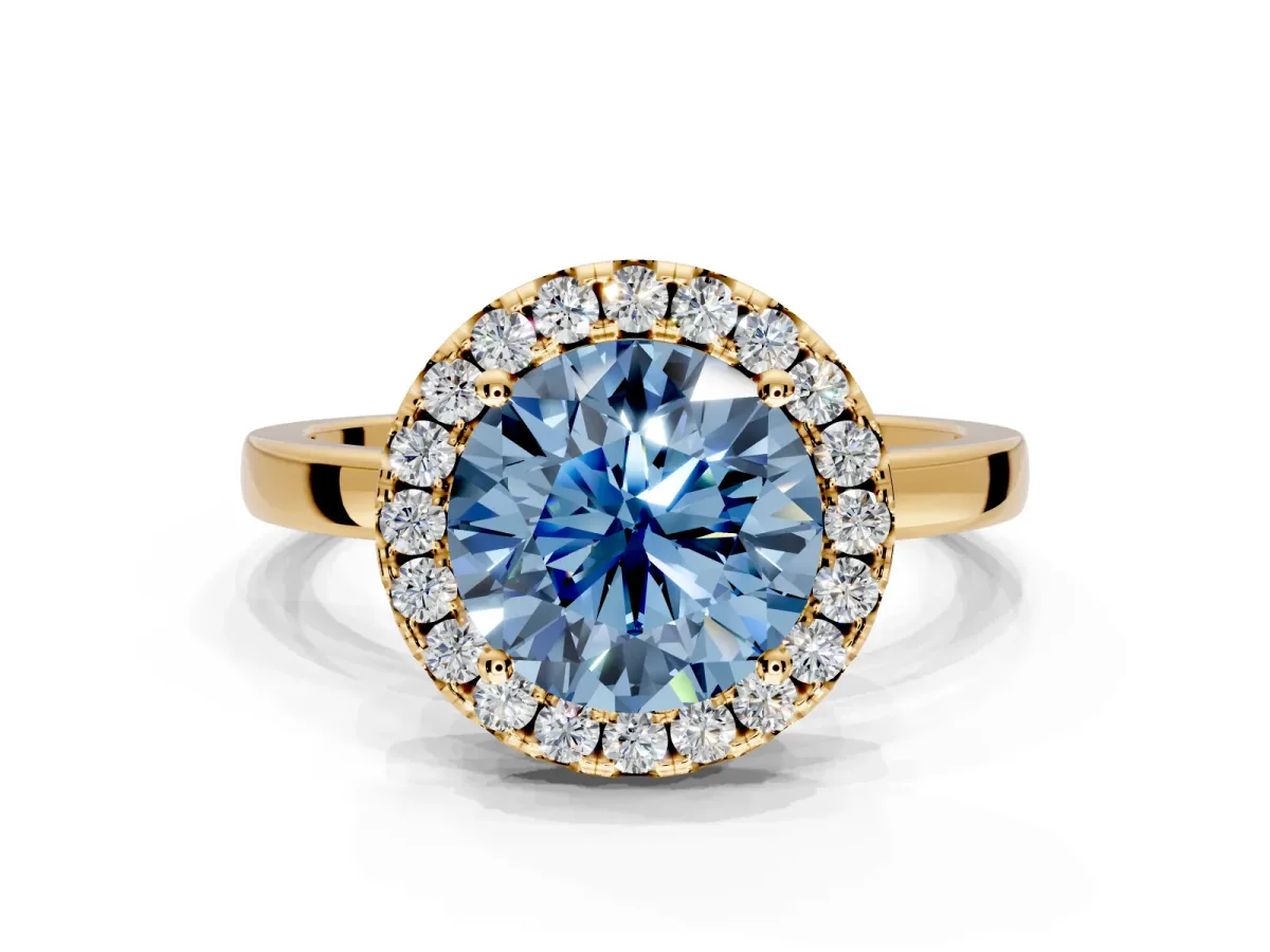 Halo Engagement Ring Setting for Fancy Blue Round Cut Center with Thin Plain Band and Prong Head in Yellow Gold