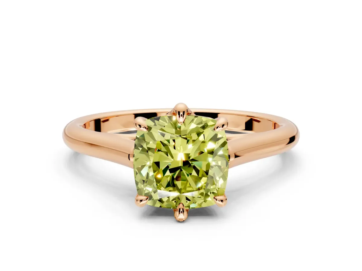 Solitaire Engagement Ring Setting for Fancy Yellow Cushion Cut Center with Cathedral Band and Prong Head in Rose Gold