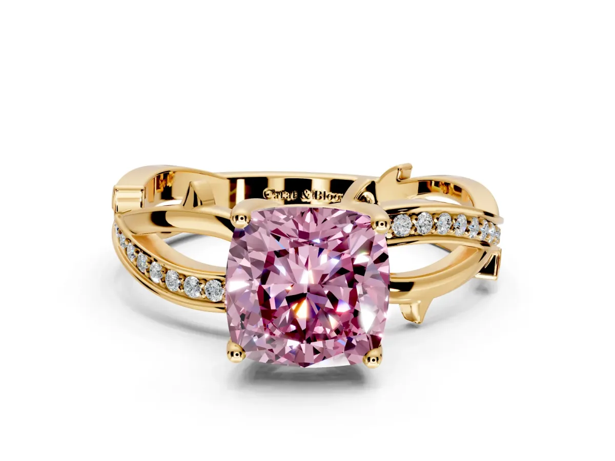 Solitaire Engagement Ring Setting for Fancy Pink Cushion Cut Center with Pave and Plain Crossover Band and Prong Head in Yellow Gold