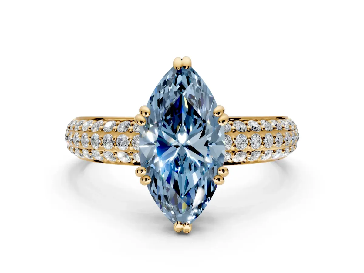 Solitaire Engagement Ring Setting for Fancy Blue Marquise Center with Multi-Row Pave Accents and Basket Head in Yellow Gold
