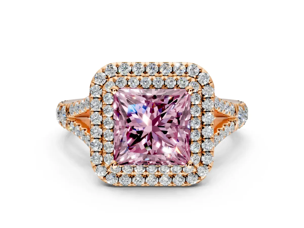 Double Halo Engagement Ring Setting for Fancy Pink Princess Cut Center with Narrow Pave Split Shank and Prong Head in Rose Gold