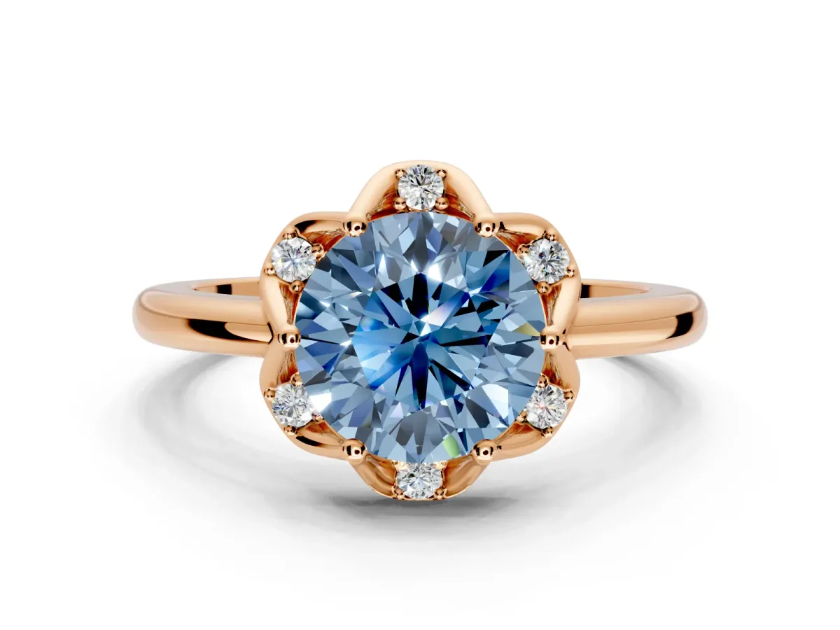 Floral Frame Engagement Ring Setting for Fancy Blue Round Cut Center with Accent Clusters and Prong Head in Rose Gold