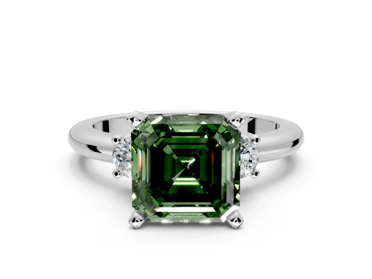 3 Stone Engagement Ring Setting for Fancy Green Asscher Cut Center with Wide Plain Band and Prong Head in White Gold