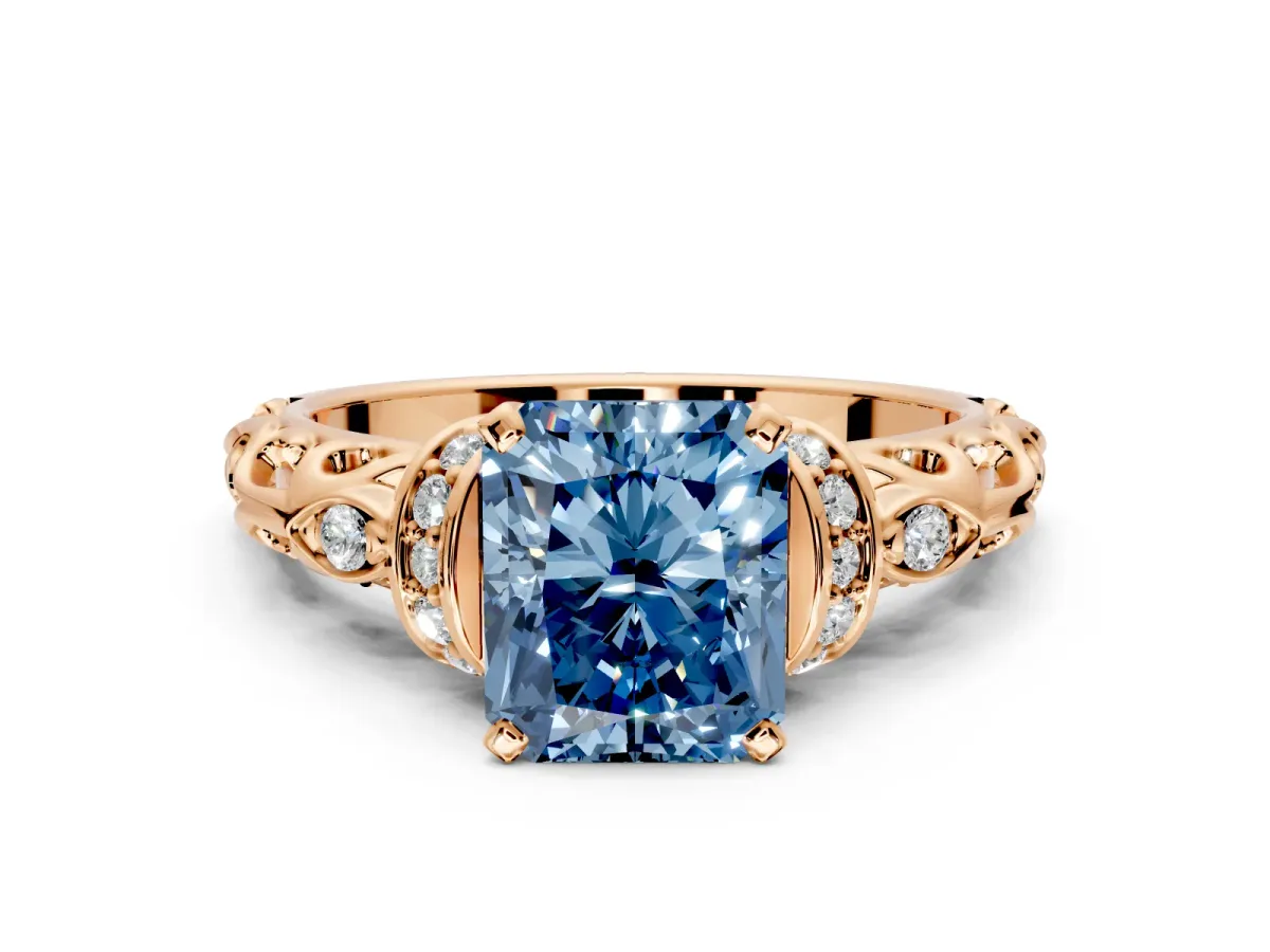 Solitaire Engagement Ring Setting for Fancy Blue Radiant Cut Center with Filigree Band and Prong Head in Rose Gold