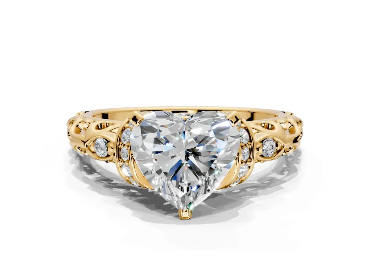Solitaire Engagement Ring Setting for Heart-Shaped Center with Filigree Band and Prong Head in Yellow Gold