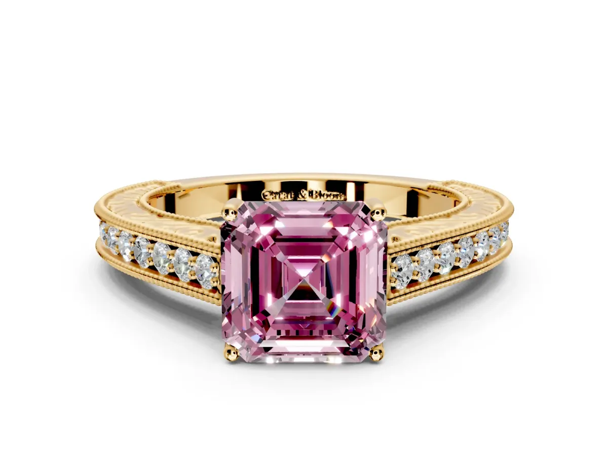 Solitaire Engagement Ring Setting for Fancy Pink Asscher Cut Center with Engraved Pave Band and Prong Head in Yellow Gold