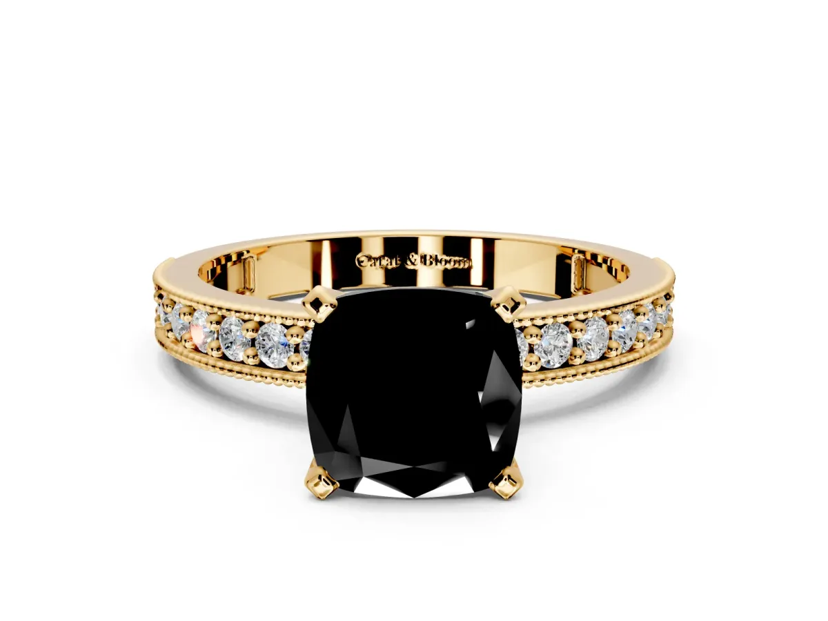 Milgrain Pave Engagement Ring Setting for Fancy Black Cushion Cut Center with Accent Band and Prong Head in Yellow Gold