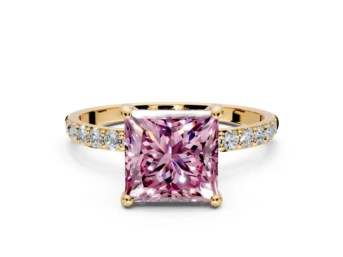 Solitaire Engagement Ring Setting for Fancy Pink Princess Cut Center with Pave Accents and Prong Head in Yellow Gold