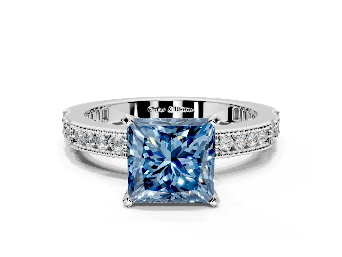 Solitaire Engagement Ring Setting for Fancy Blue Princess Cut Center with Milgrain-Edged Pave Band and Prong Head in Sterling Silver