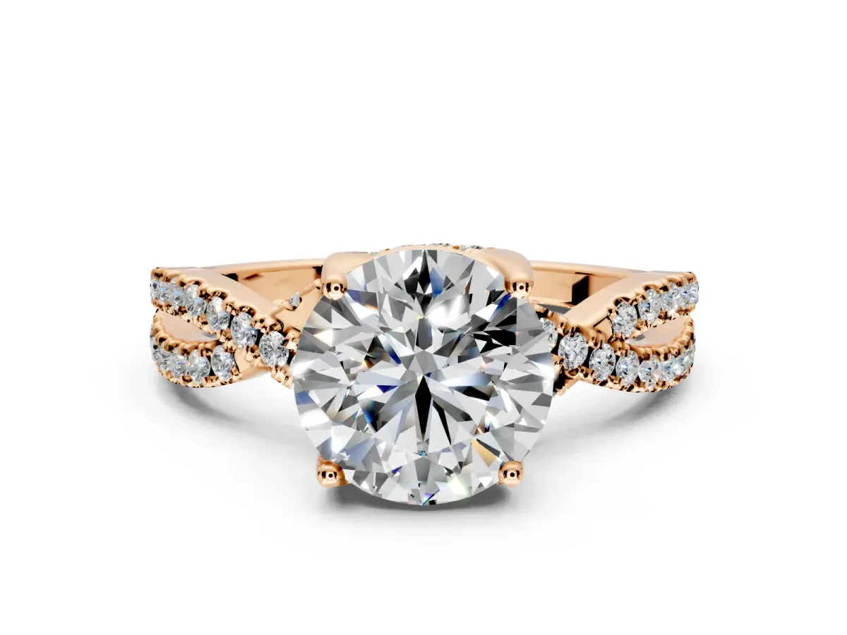 Solitaire Engagement Ring Setting for Round Cut Center with Narrow Twist Pave Band and Prong Head in Rose Gold
