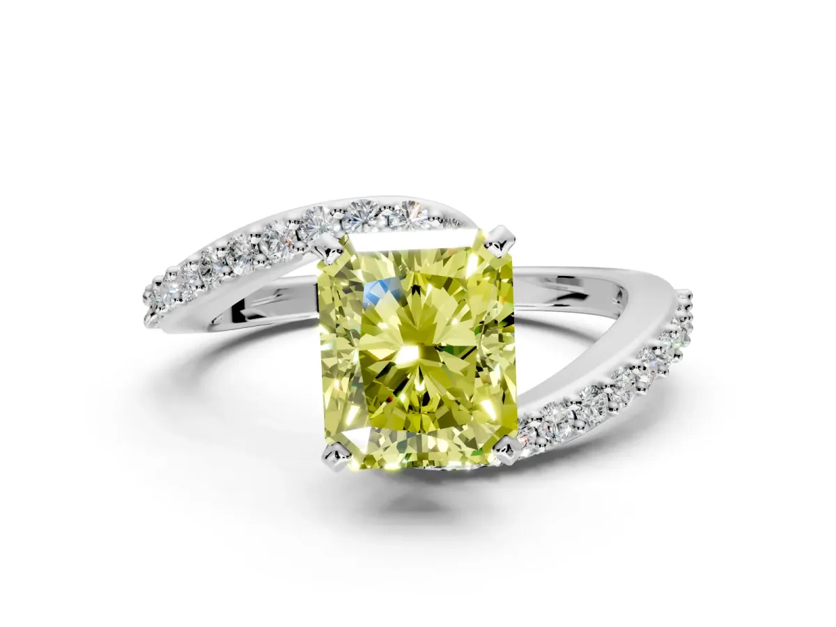 Solitaire Engagement Ring Setting for Fancy Yellow Radiant Cut Center with Pave Bypass Swirl Band and Prong Head in White Gold