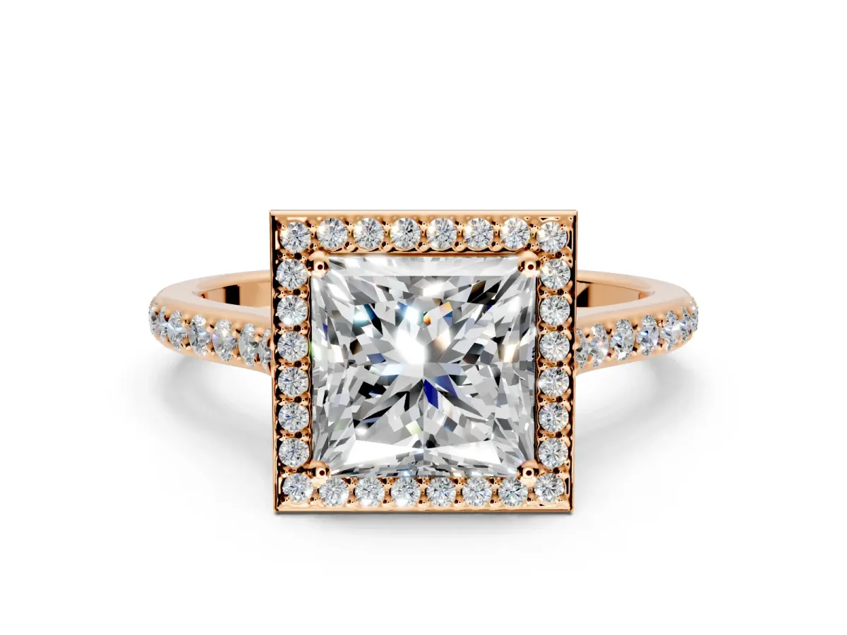 Halo Engagement Ring Setting for Princess Cut Center with Pave Accents, Heart Basket and Prong Head in Rose Gold