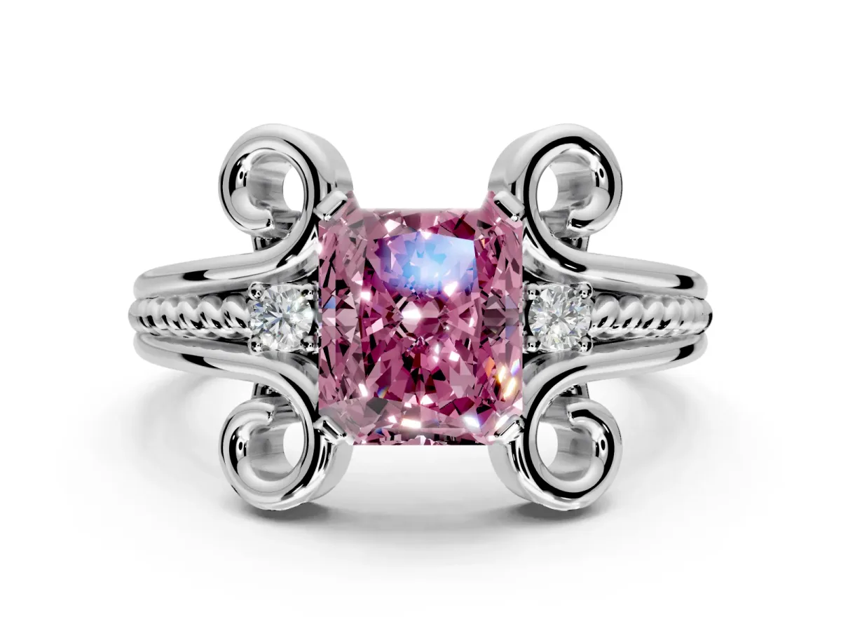 Solitaire Engagement Ring Setting for Fancy Pink Radiant Cut Center with Twisted Band and Scroll Prong Head in White Gold