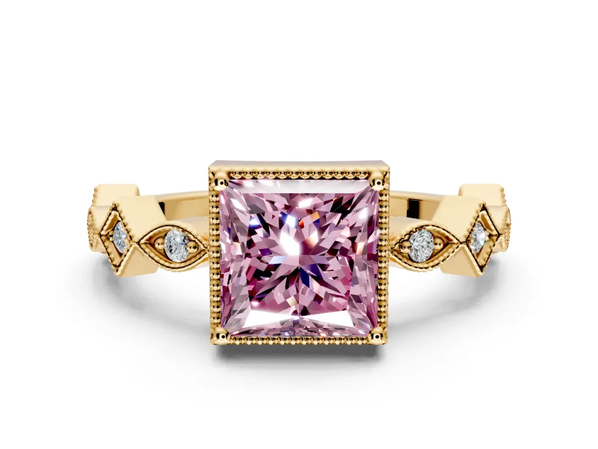 Milgrain Bezel Engagement Ring Setting for Fancy Pink Princess Cut Center with Marquise Stations and Bezel Head in Yellow Gold