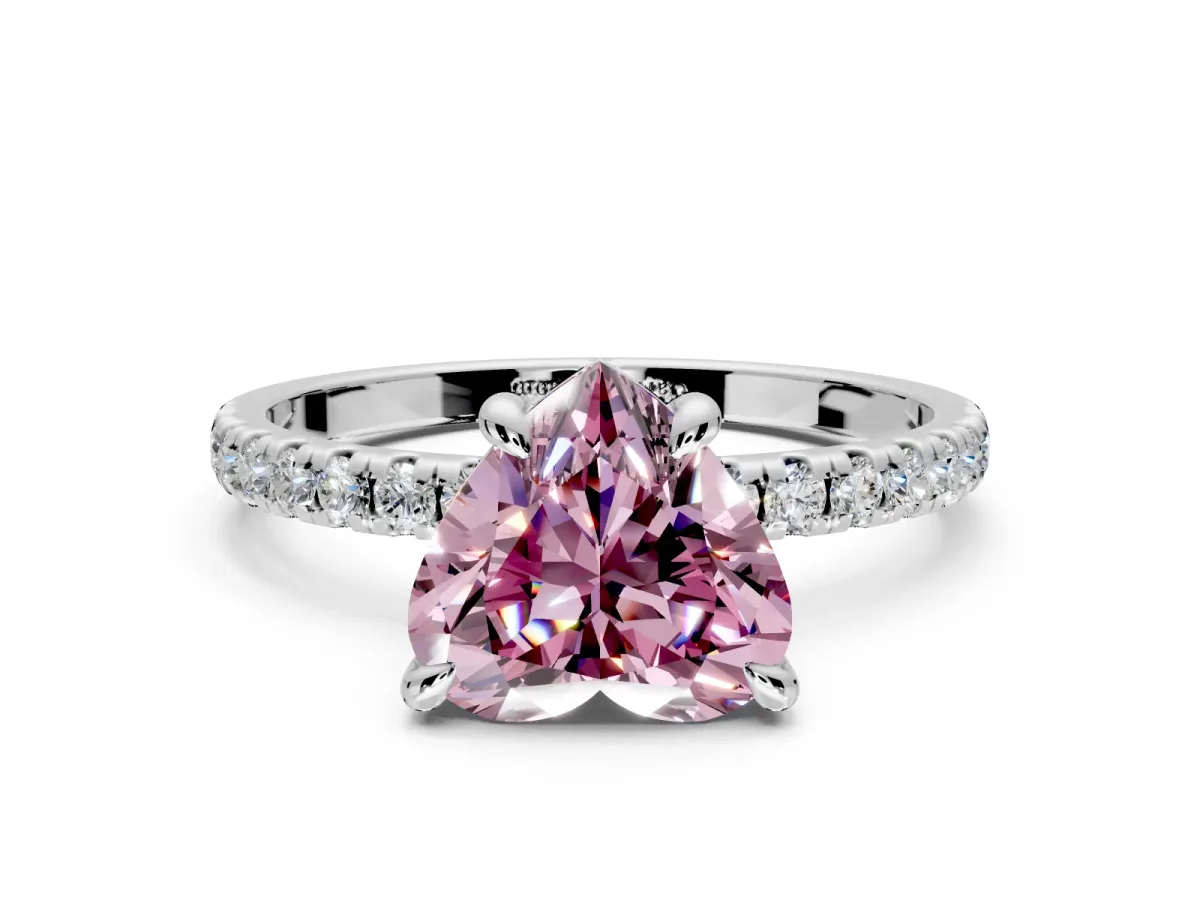 Solitaire Engagement Ring Setting for Fancy Pink Heart-Shaped Center with Fine Pave Narrow Band and Prong Head in White Gold