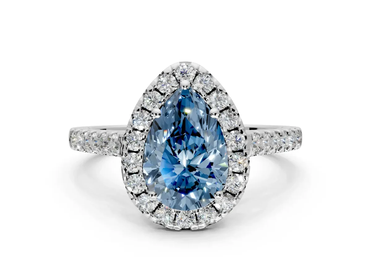 Halo Engagement Ring Setting for Fancy Blue Pear-Shaped Center with Narrowing Pave Band and Prong Head in White Gold