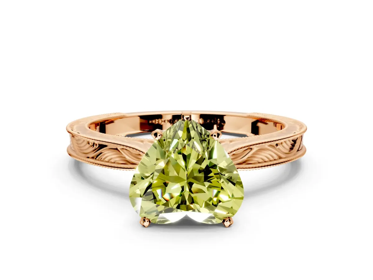 Solitaire Engagement Ring Setting for Fancy Yellow Heart-Shaped Center with Engraved Milgrain Band and Prong Head in Rose Gold