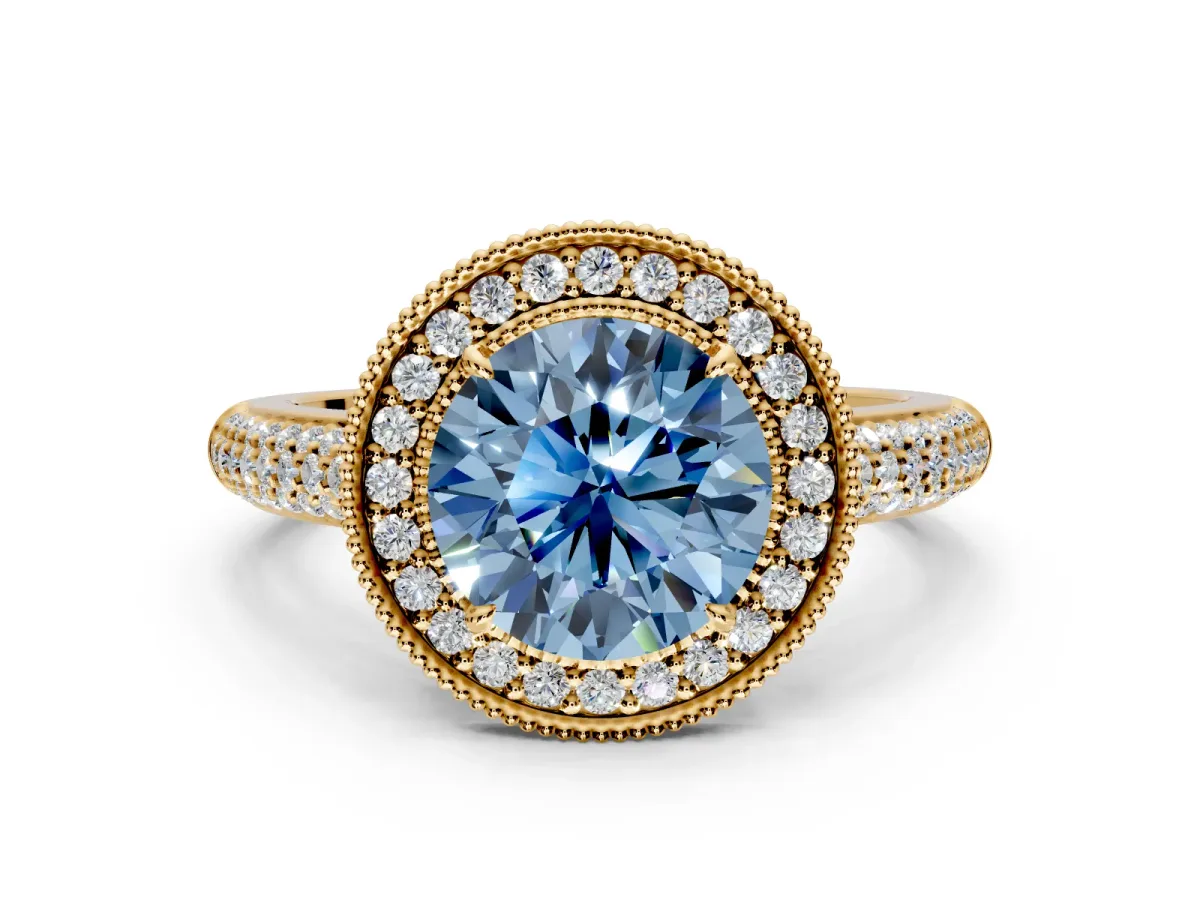 Milgrain Halo Engagement Ring Setting for Fancy Blue Round Cut Center with Three-Sided Pave Band and Prong Head in Yellow Gold