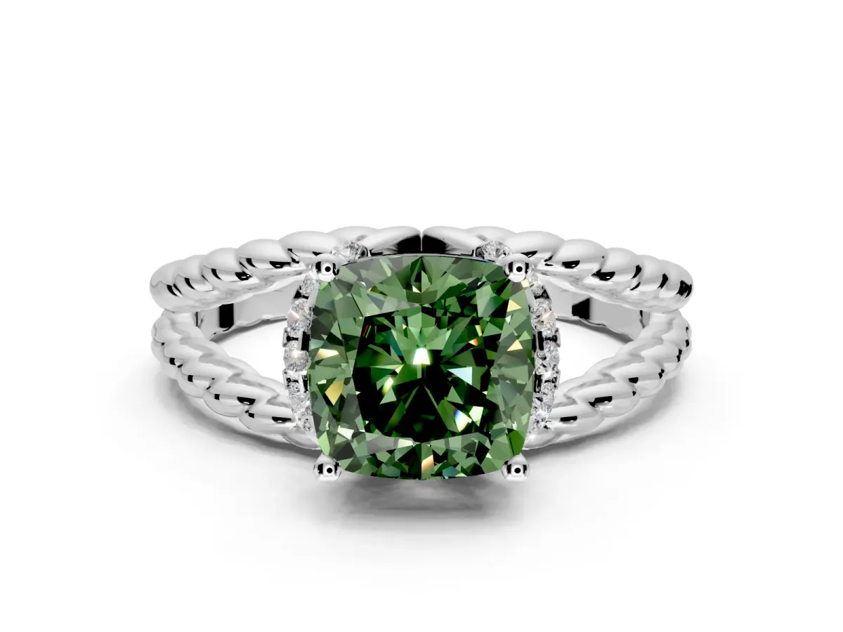 Halo Engagement Ring Setting for Fancy Green Cushion Cut Center with Rope Twist Split Shank and Prong Head in Platinum