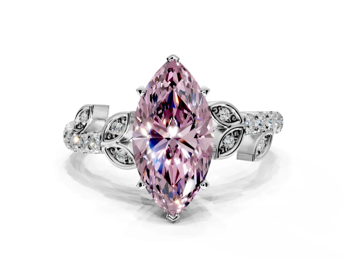 Leaf Motif Engagement Ring Setting for Fancy Pink Marquise Center with Pave Band and Prong Head in Platinum